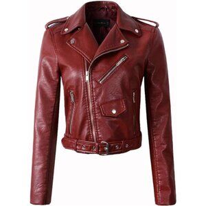 Women's Faux Leather Motorcycle Jacket Coat Wine Red